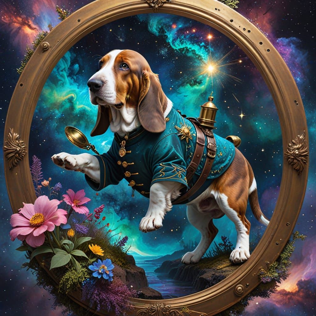 Alcohol ink washes. A Basset Hound wearing a Victorian-era e...