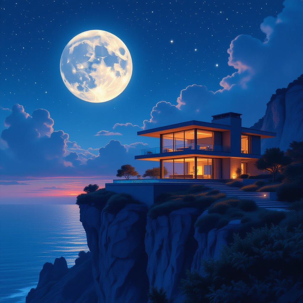 Hyperrealistic Cliffside Villa Under Starry Night