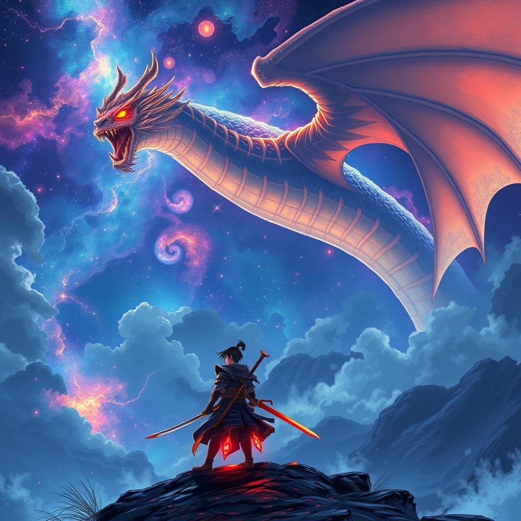 Samurai and Dragon in Anime Style