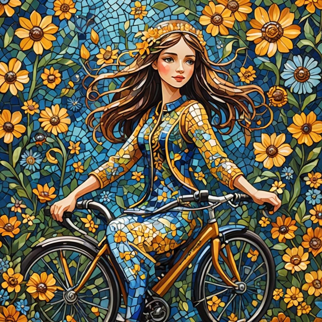 Vibrant Mosaic Art of Girl on Bike