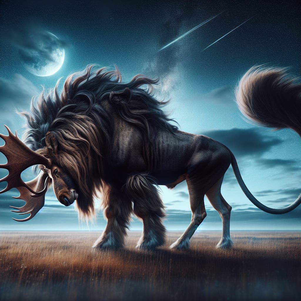Majestic Hybrid Creature Grazing Under Moonlight