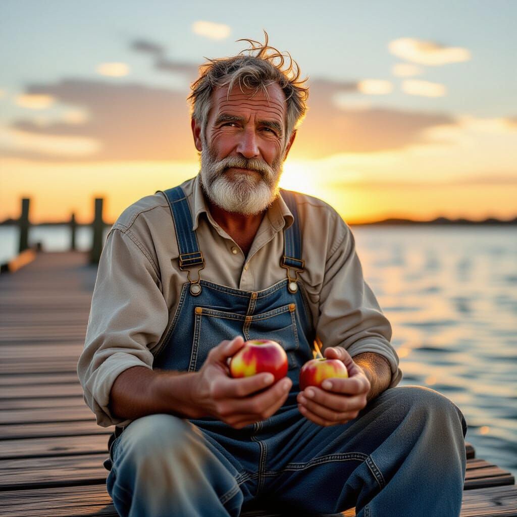 Weathered Fisherman Holds Apple at Sunset, Hyperrealistic