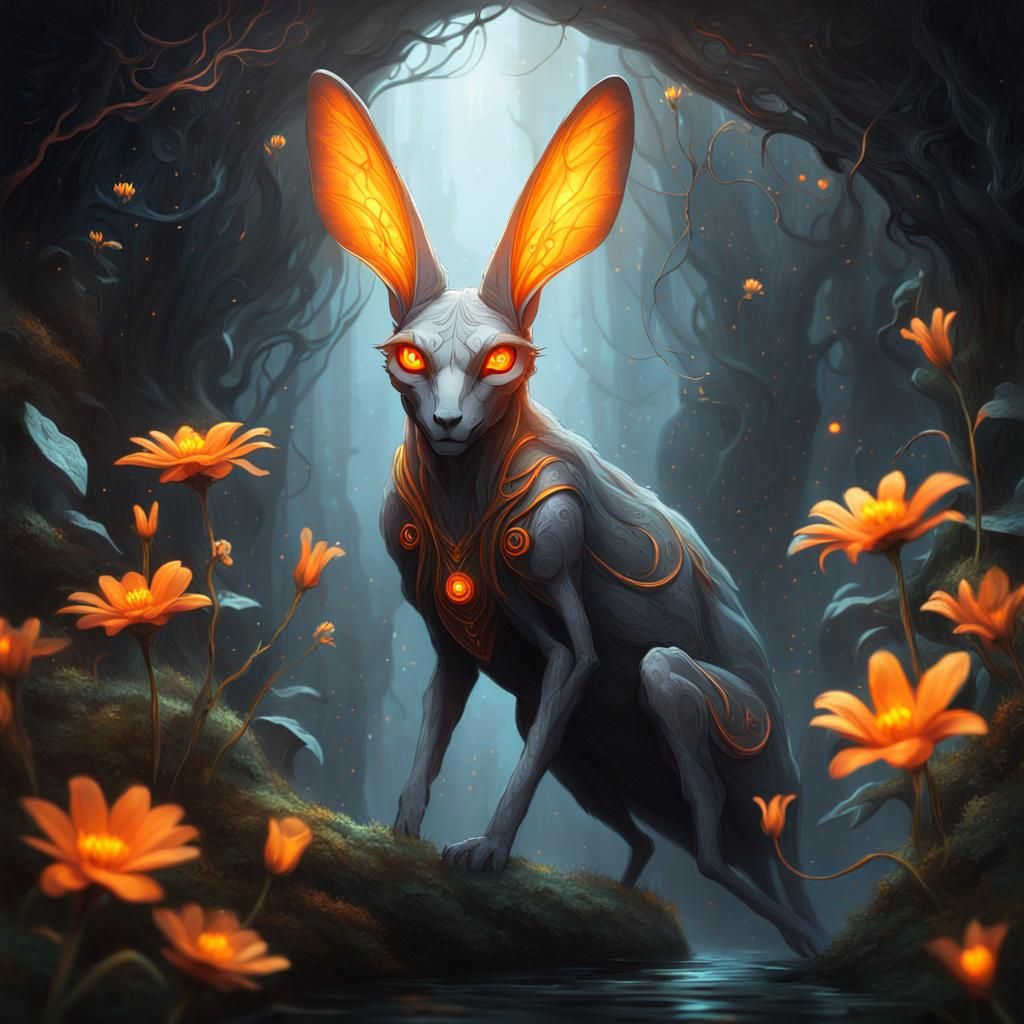 Mystical Creature with Glowing Eyes in Ethereal Scene