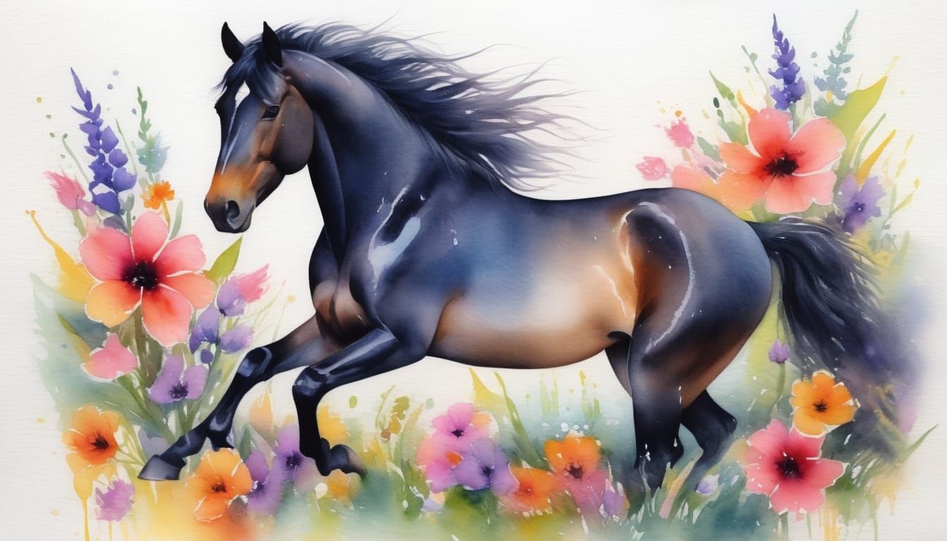 Black Stallion Galloping Through Surreal Flowers