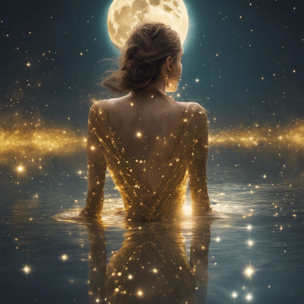 Woman in Bioluminescent Light Gazing at Moon