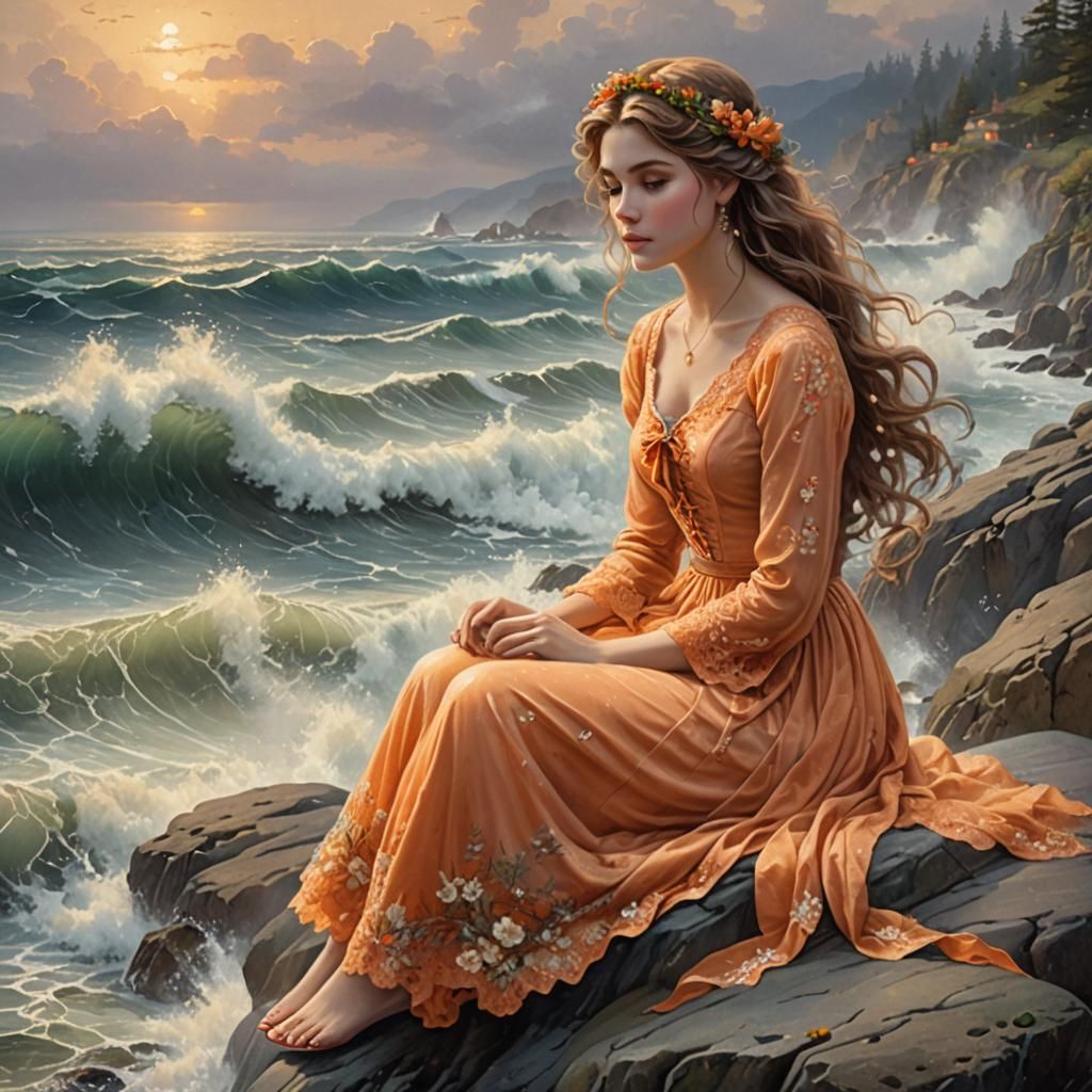 Ethereal Girl on Stormy Seashore in Fantasy Style