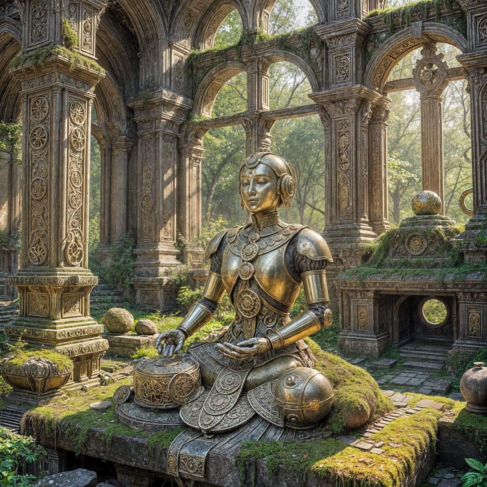 Ancient Automaton Meditating in Sun-Drenched Ruin