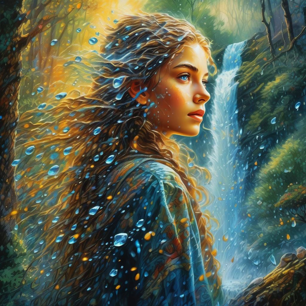 Forest Nymph Amidst Waterfall in Diamond Painting Style