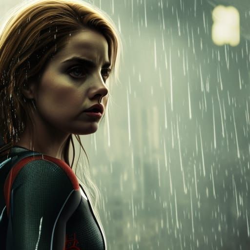 Hyperrealistic Spiderwoman in a Dark City