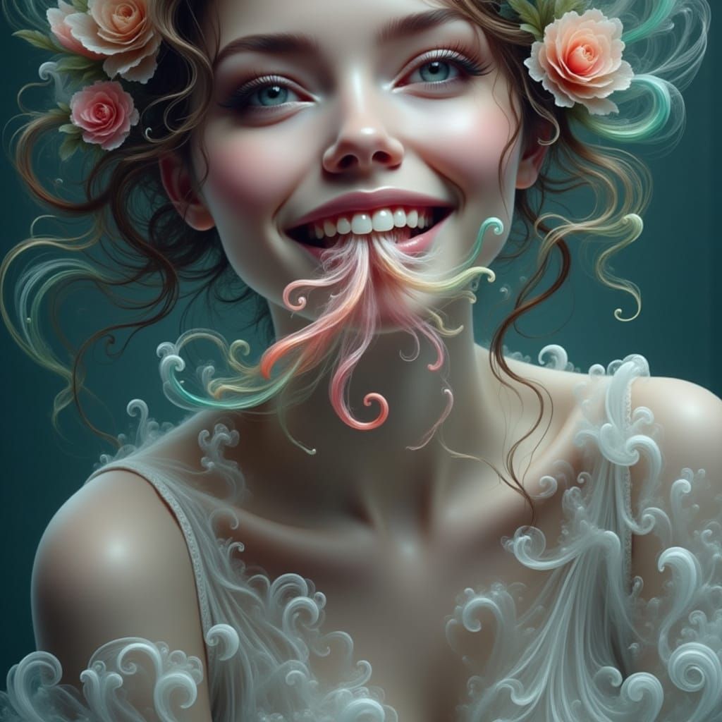 Surreal Woman with Roses and Iridescent Tentacles