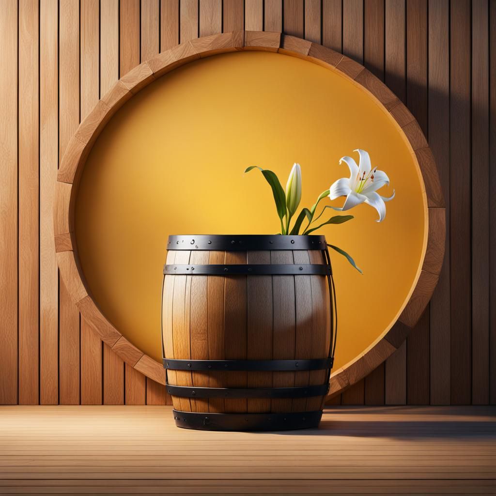 Hyperrealistic Lily in Wooden Barrel Splash Art
