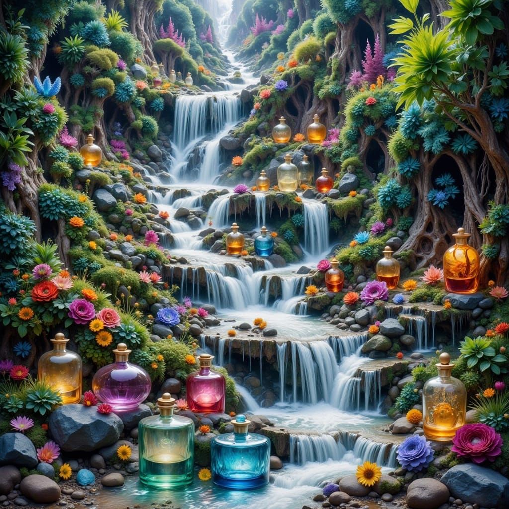 Perfume Bottle Waterfall in a Futuristic Style