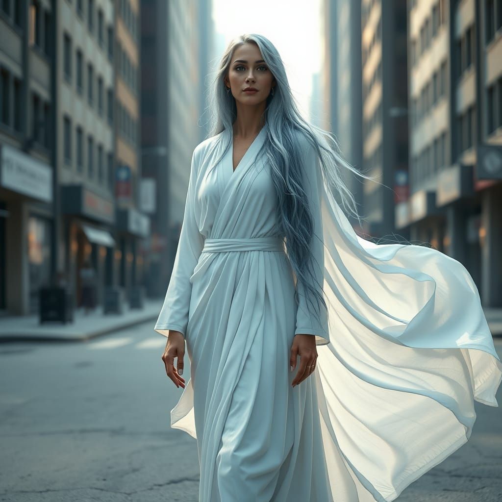 Serene Woman Symbolizes Hope in Desolate City