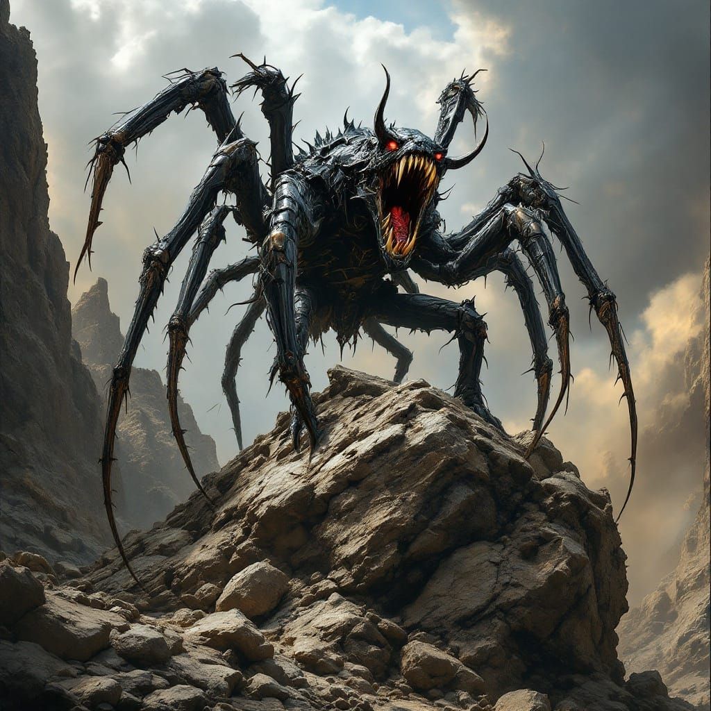 Hybrid Tiger Spider Roars Atop Bone Mountain