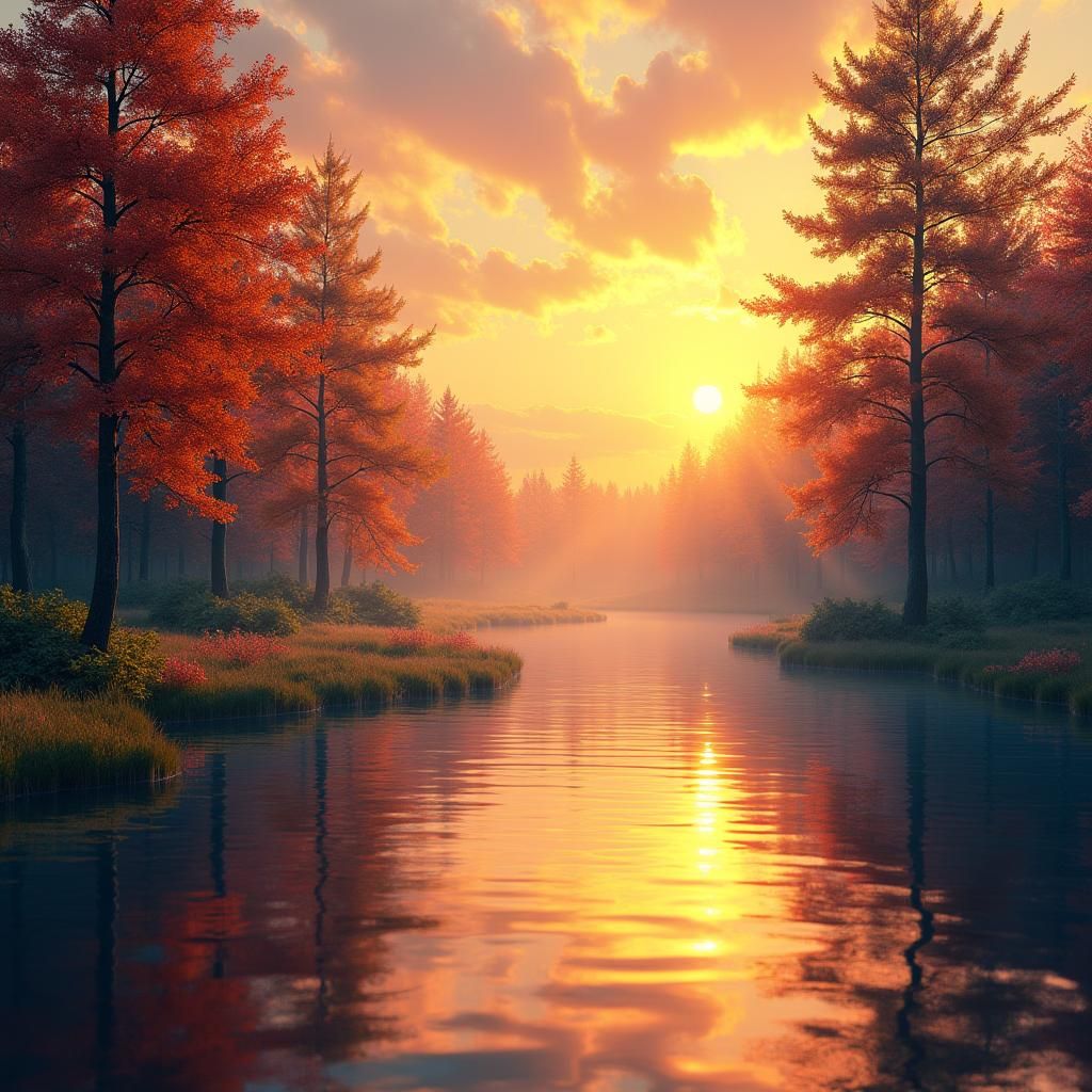 Golden Sunrise Illuminates Forest: Digital Matte Painting