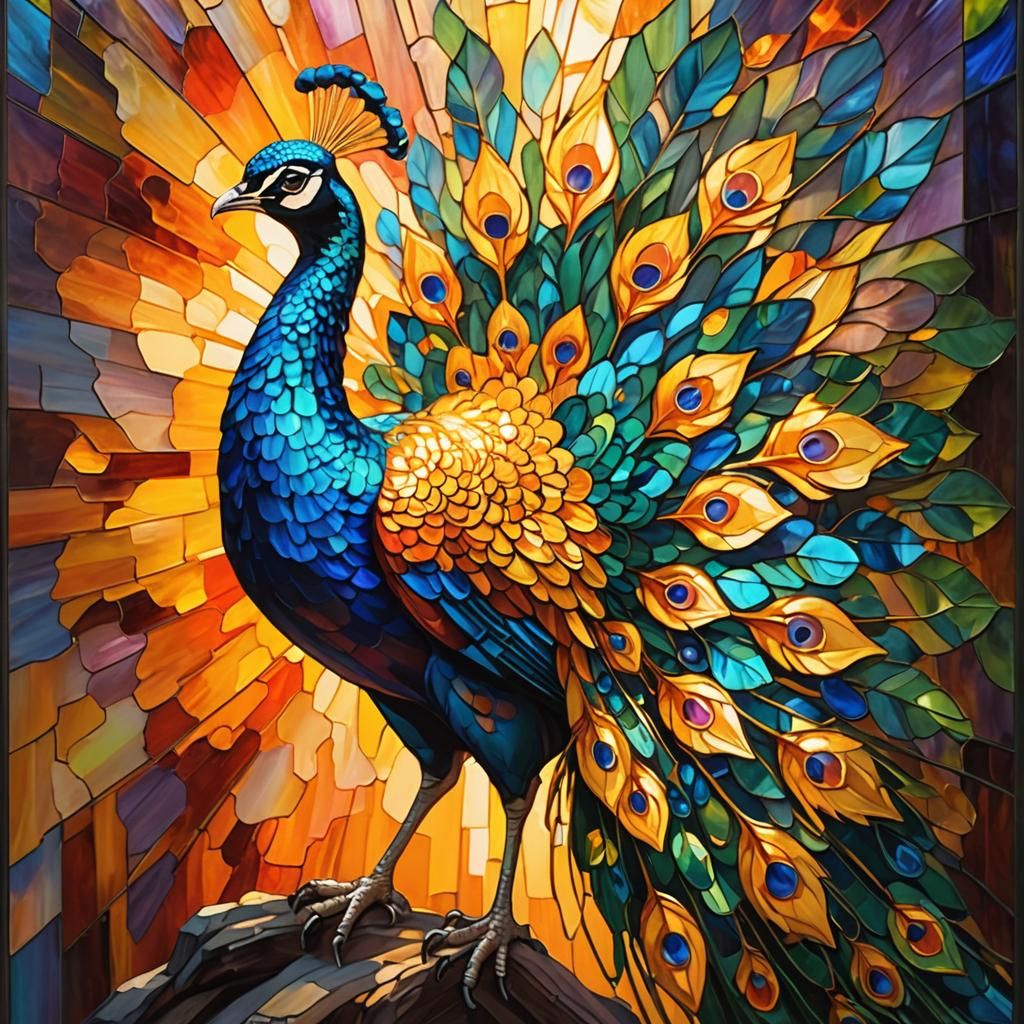 Resplendent Stained Glass Peacock in Oil Painting Style