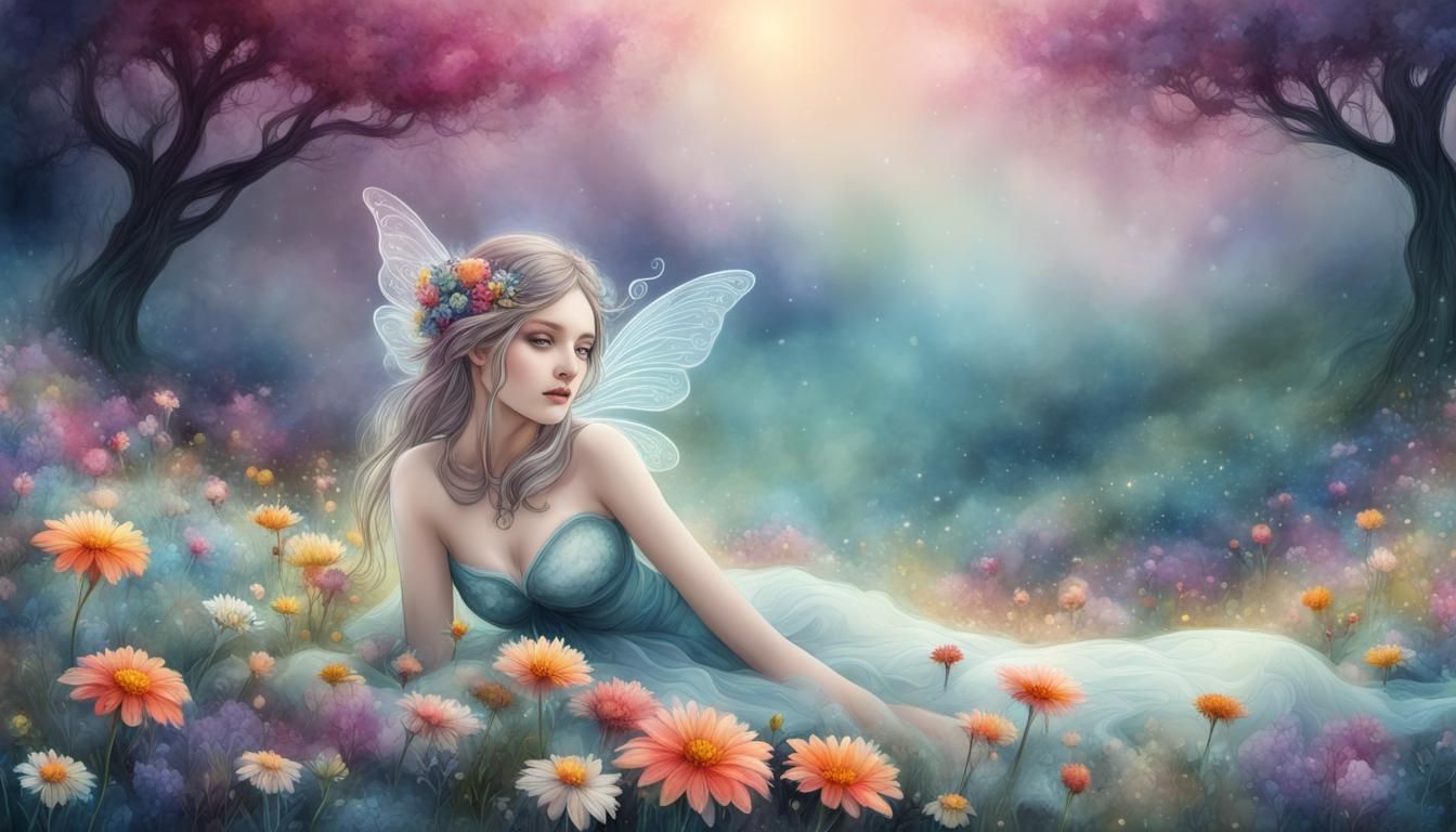 Ethereal Fairy in Mystical Flower Field: Watercolor and Ink