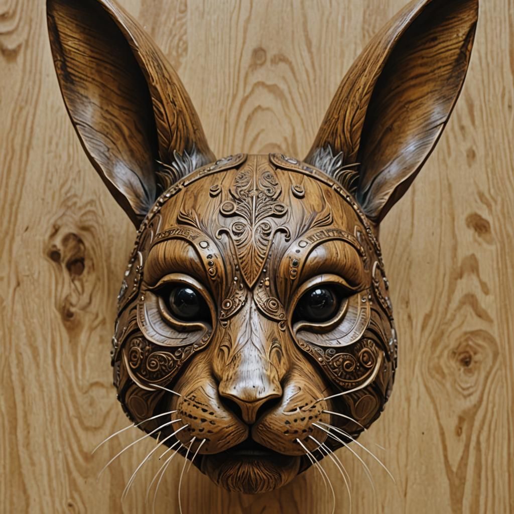 Hand-Crafted Wooden Rabbit Mask, Folk Art Style