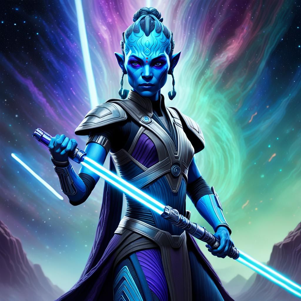 Asari Jedi Warrior Amidst Nebula, 3D Digital Art