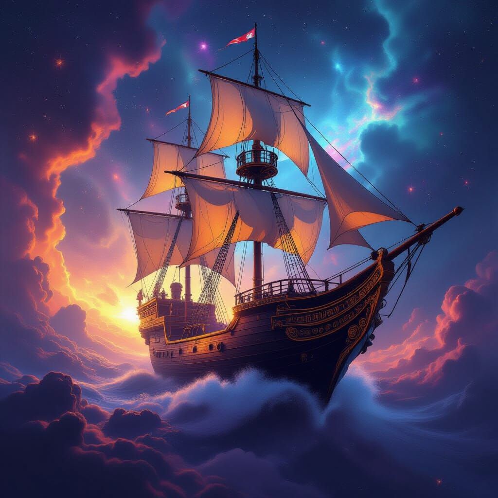 Retrofuturistic Space Galleon in Nebula Holographic Illustra...