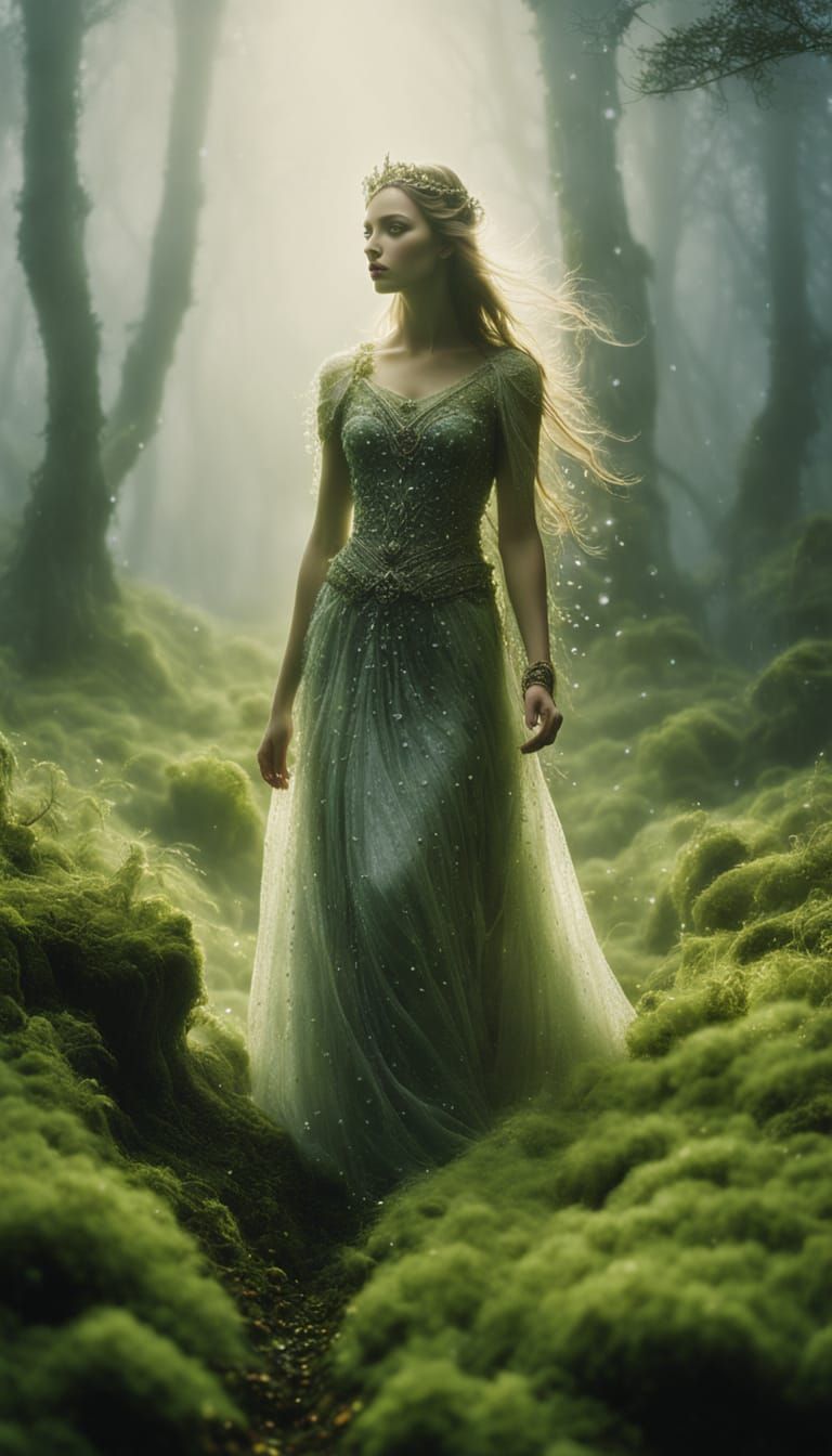Goddess Emerging from Fog in Dreamy Landscape