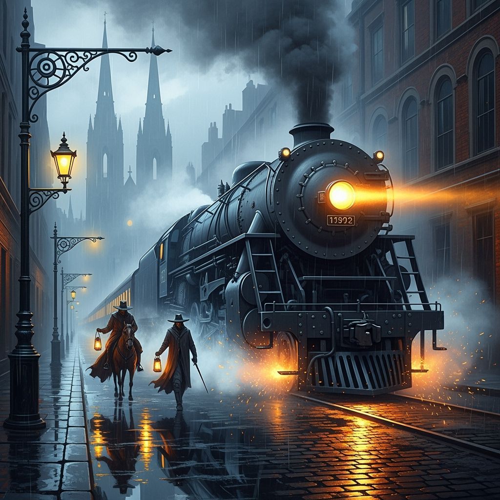 Dramatic Oil Painting of Steam Locomotive in Foggy City