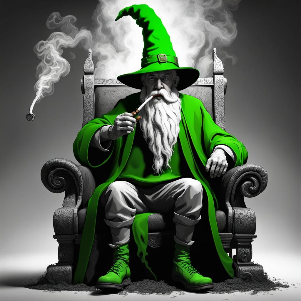 Wizard in Monochrome with Green Hat, Detailed Fantasy Art