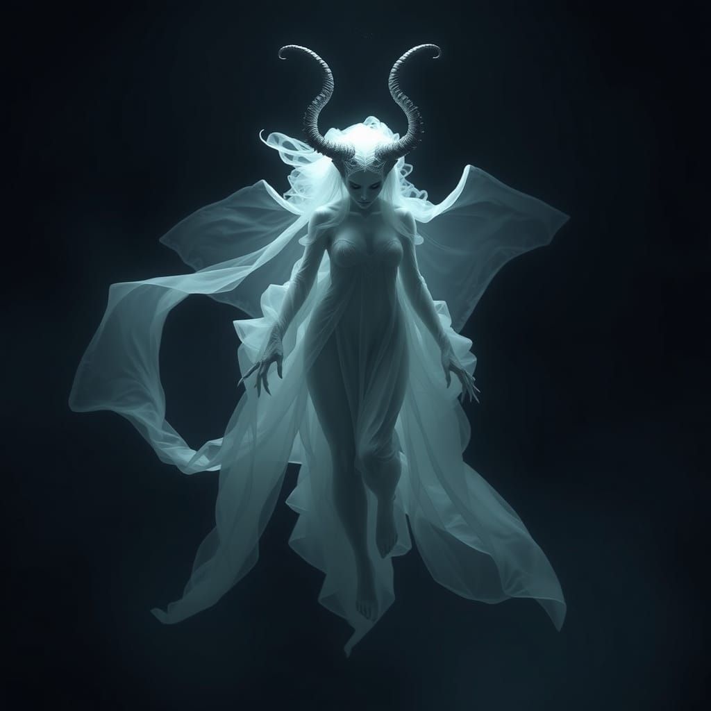 Ethereal Ghostly Woman in Flowing White Attire