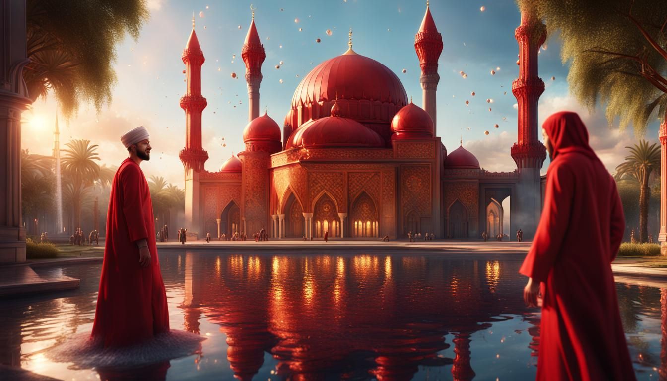 Festive Celebration at Golden Mosque, Detailed Matte Paintin...