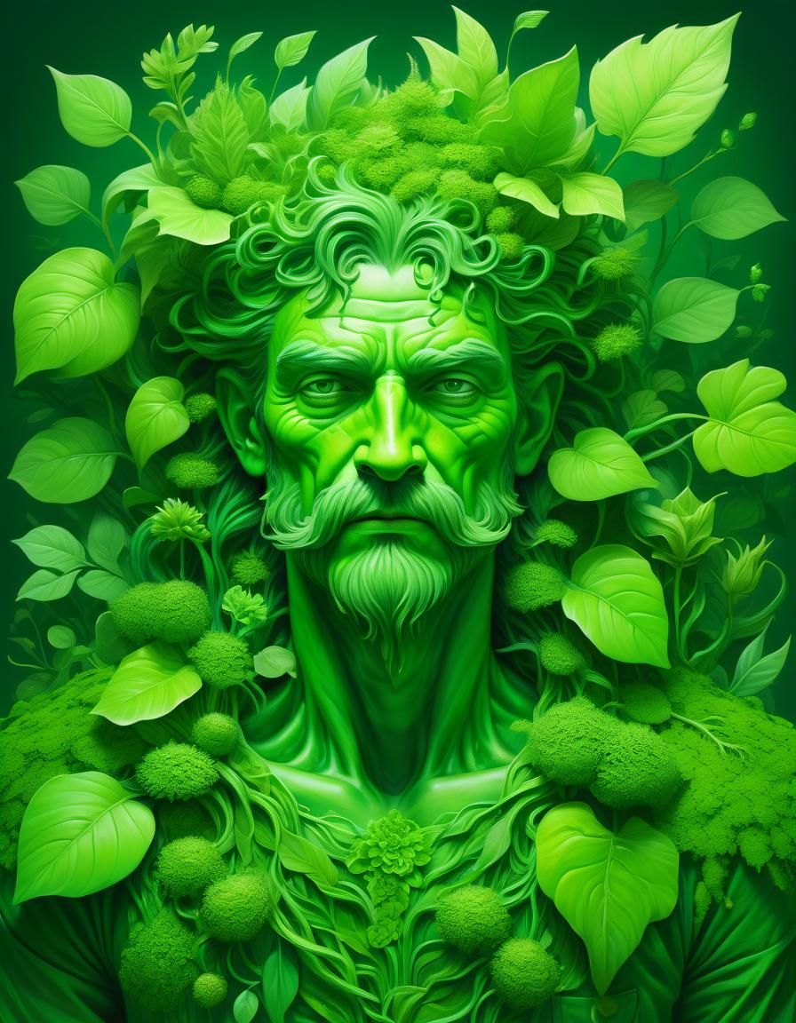 Green Man Portrait in Monochromatic Green Style