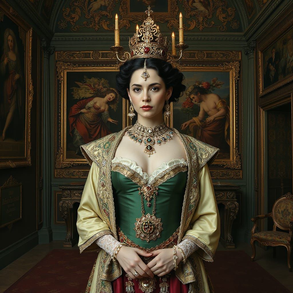 Elegant Queen in Opulent Chamber, Art Nouveau Style