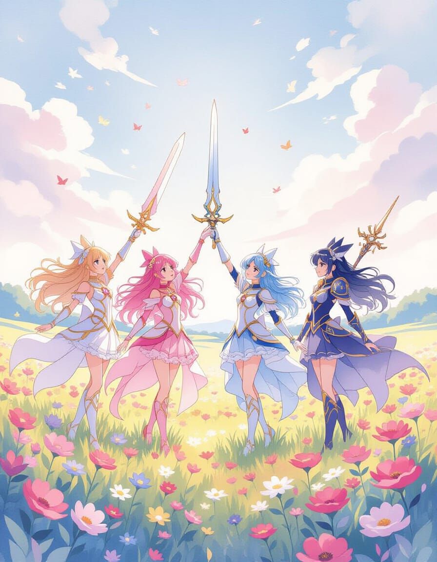 Magical Girls Defend Flower Field: Anime Watercolor Art