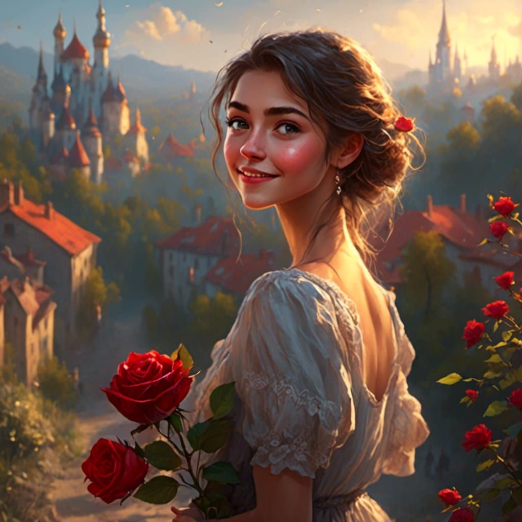 Azeri-Russian Girl with Rose in Anime Style
