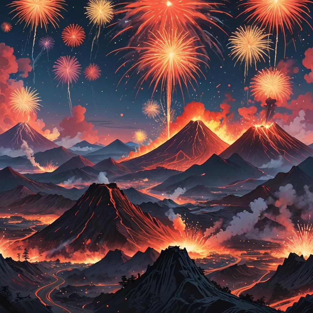 Volcano Eruption with Fireworks, Ukiyo-e Style