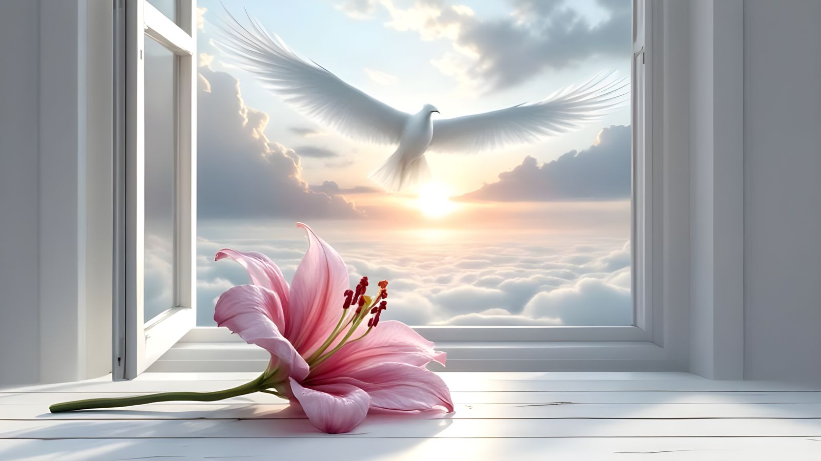 Pink Lily with Distant Bird, in Doré Style