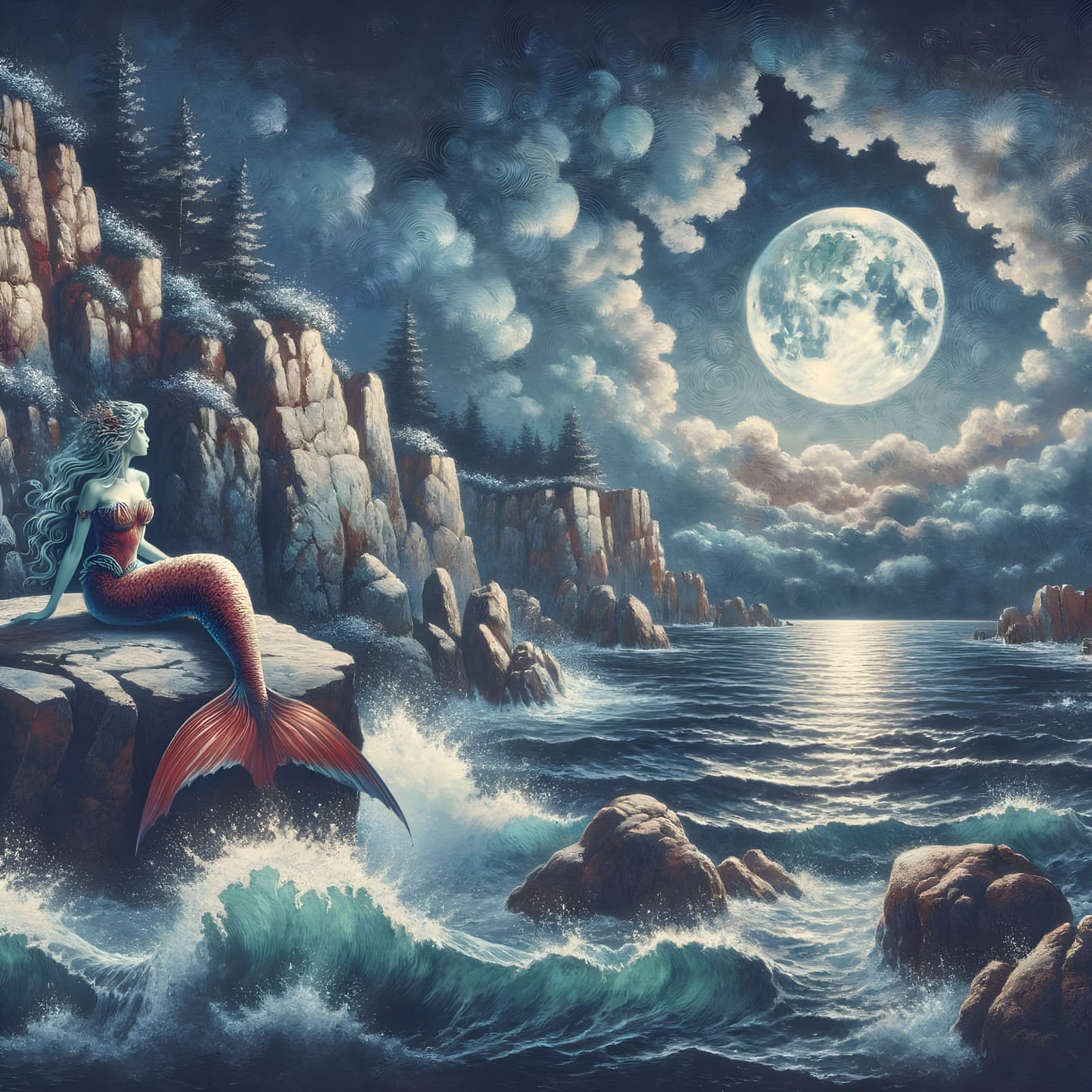 Red Mermaid in Moonlit Cove: 19th Century Landscape Art