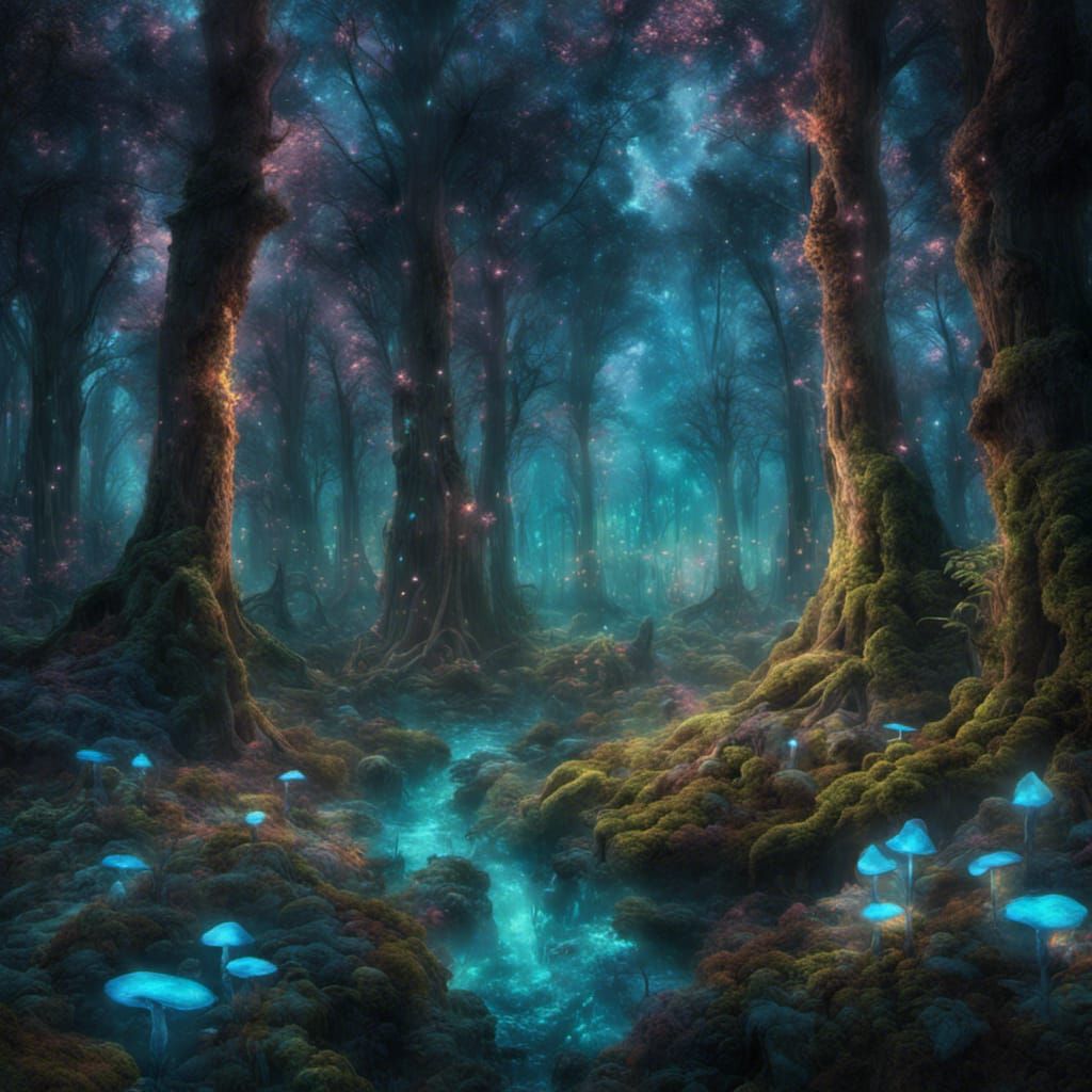 Opalized Forest with Bioluminescent Fungus: Digital Matte Pa...