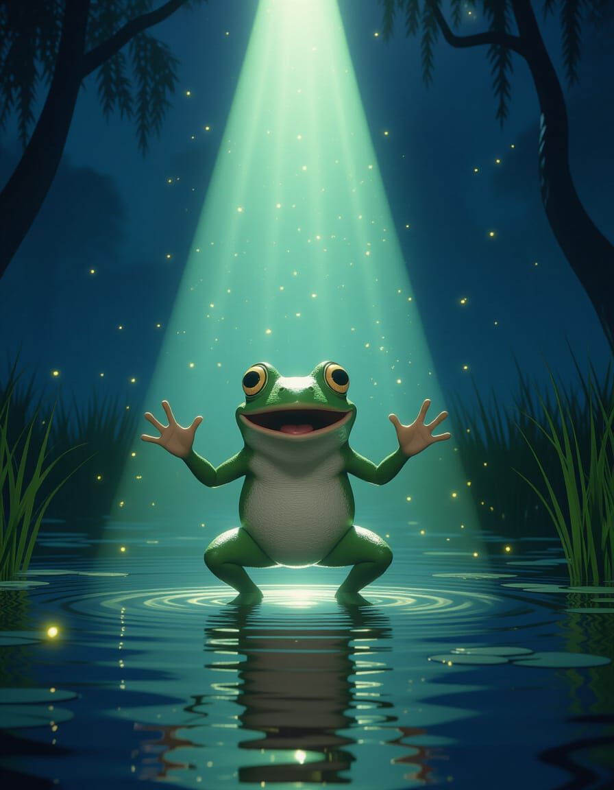 Surprised Frog Abduction in Moonlit Swamp
