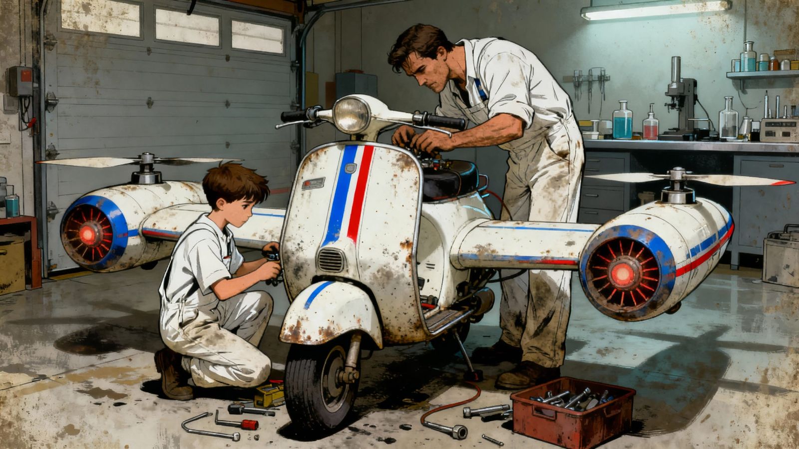 Father and Son Repairing Vintage Flying Scooter