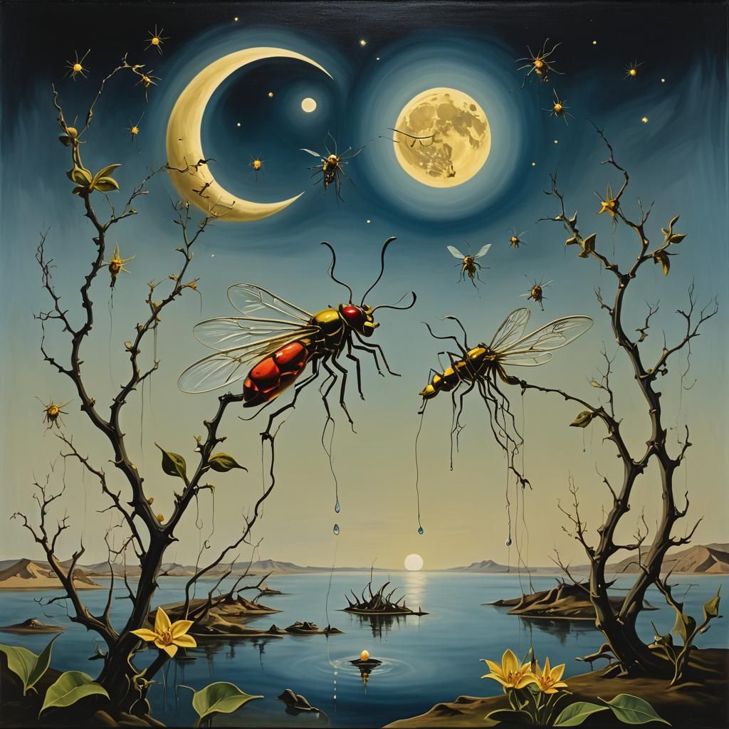 Surreal Firefly and Moonlit Water, Salvador Dali Style