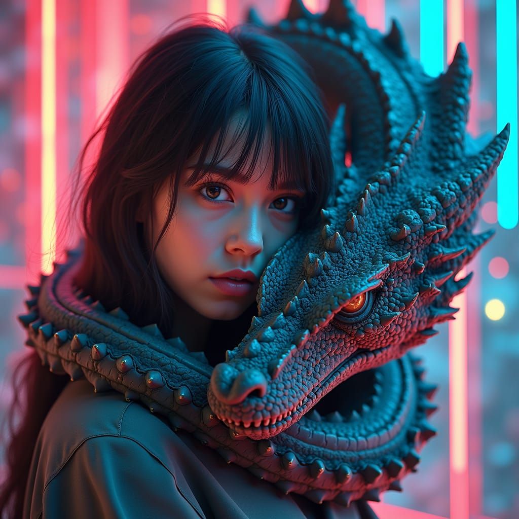 Girl and Dragon in Glitch Art Style