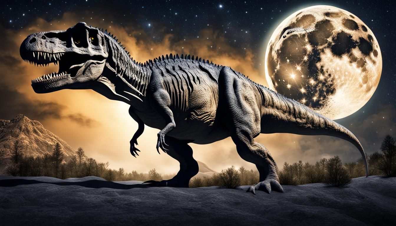 Hyperrealistic T-Rex Under a Starry Full Moon
