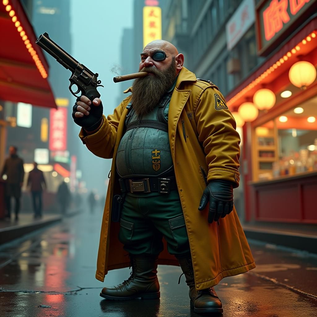 Cyberpunk Dwarf in Dystopian Cityscape