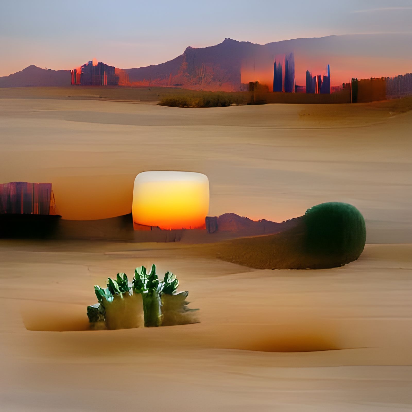 Desert Mirage with Cactus at Sunset