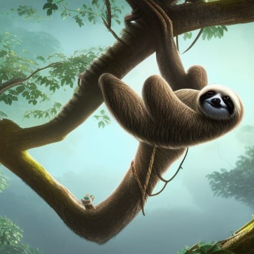 Detailed Sloth in Tree, Fantasy Concept Art