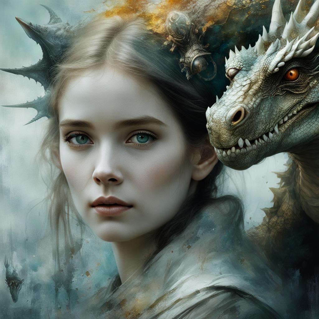 Magical Girl and Dragon Portrait in Dark Aesthetic