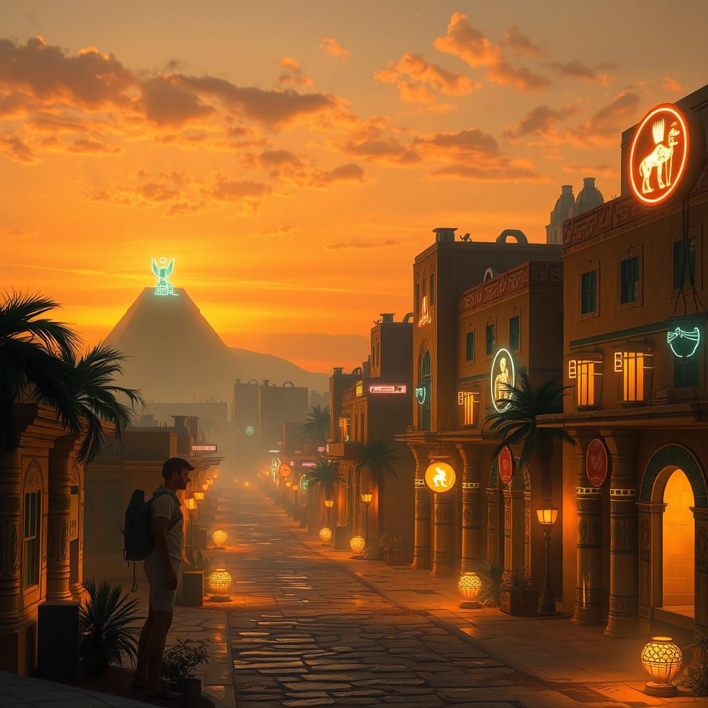 Egyptian Cyberpunk Village with Neon Hieroglyphs