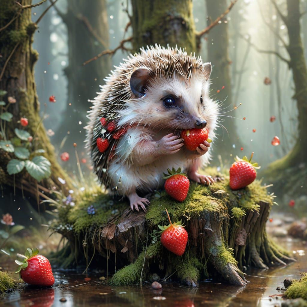 Hedgehog with Strawberry in Magical Forest, Watercolour Art