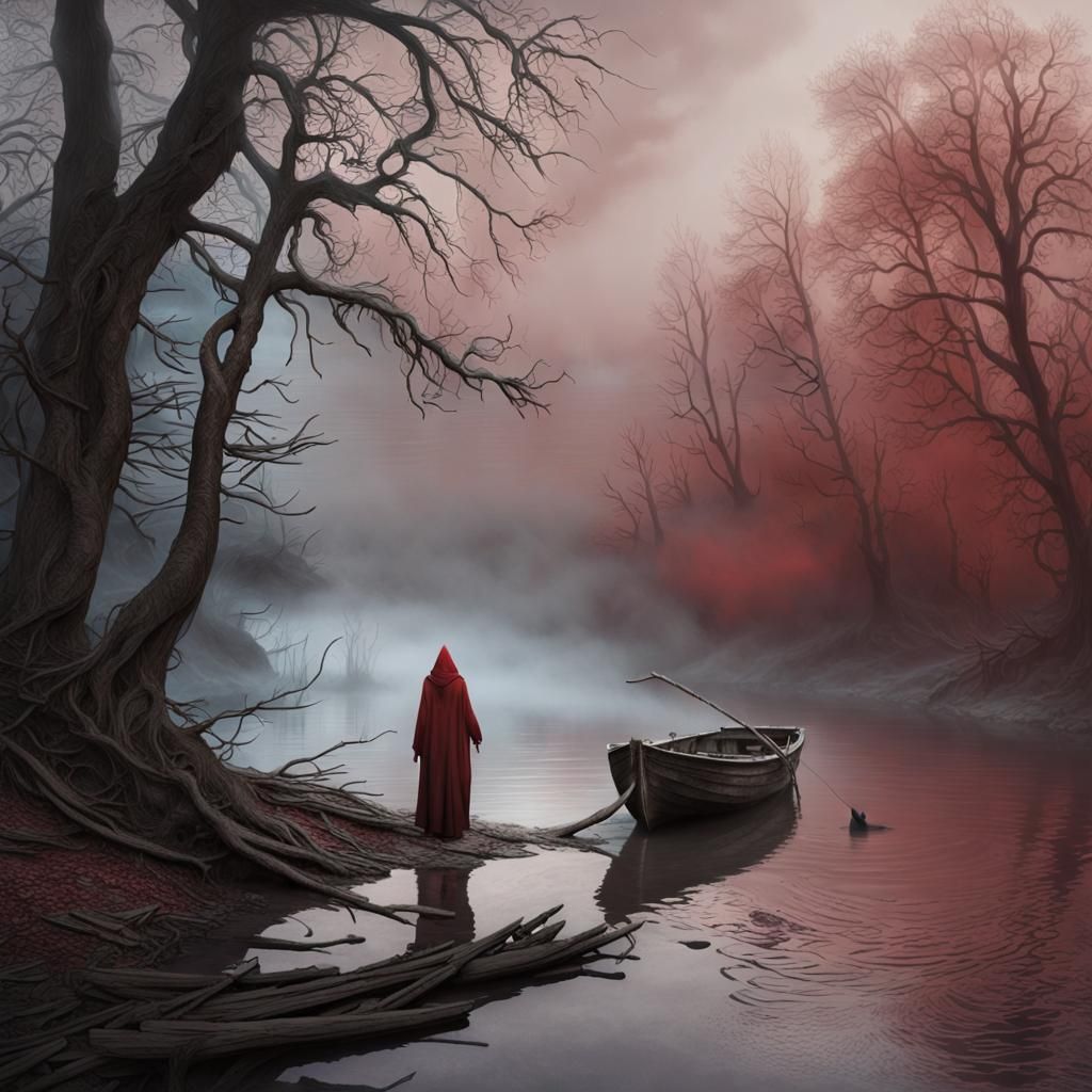 Eerie Woman at River's Edge in Surreal Style