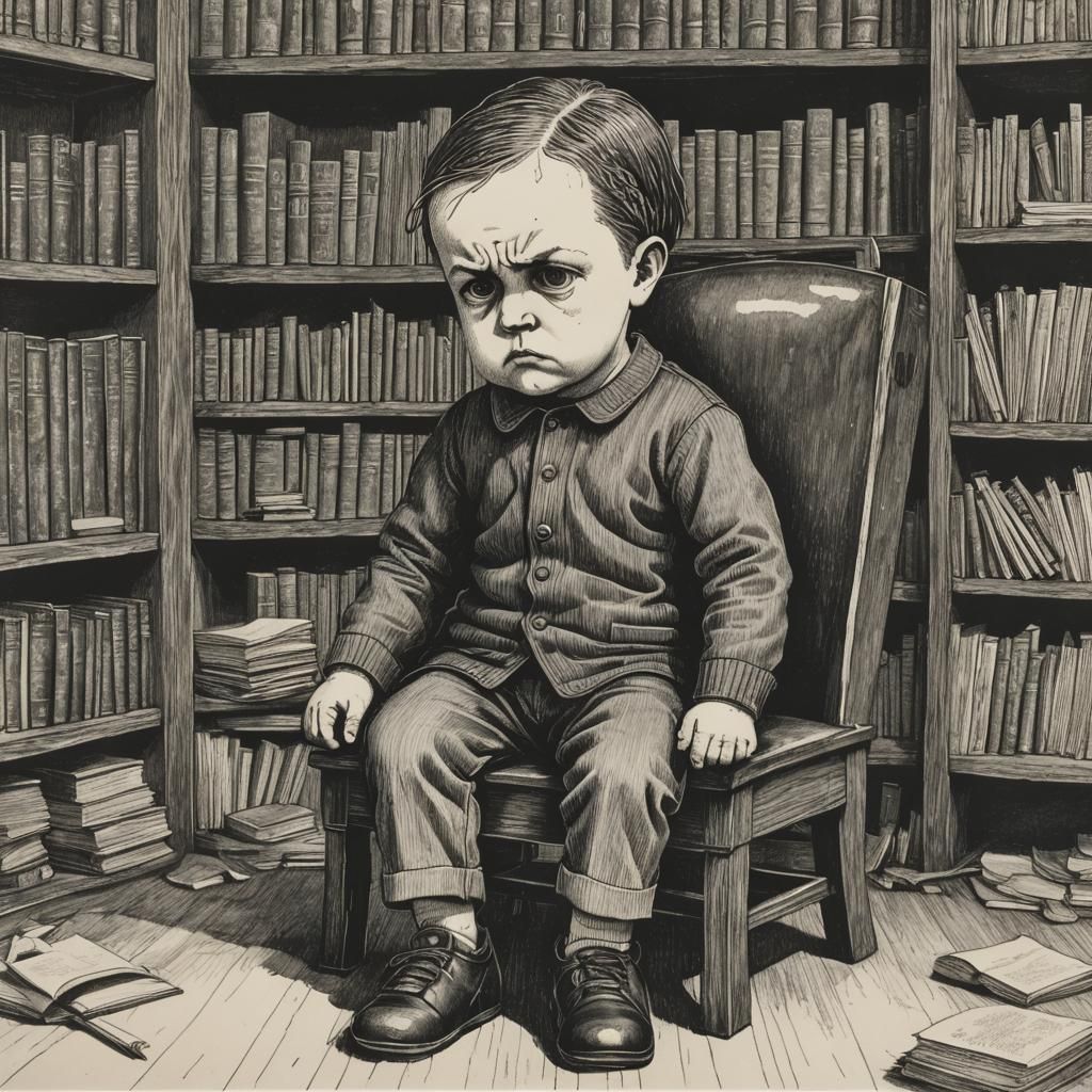 Melancholic Toddler in Abandoned Library, Gorey Lithograph